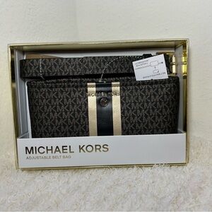 Michael Kors Adjustable Belt Bag MK Logo Print Black Gold Fanny Pack L/XL NEW